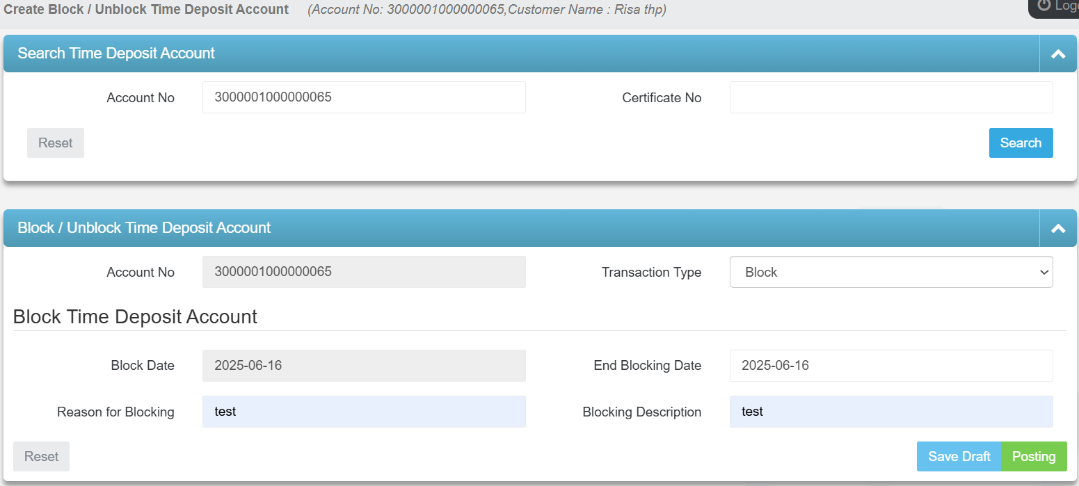 Block and Unblock Time Deposit Accounts