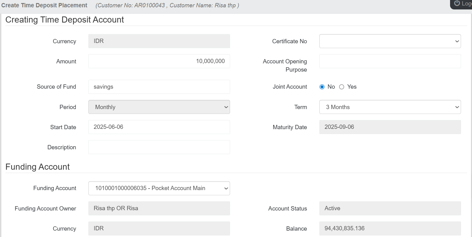 Time Deposit Placement