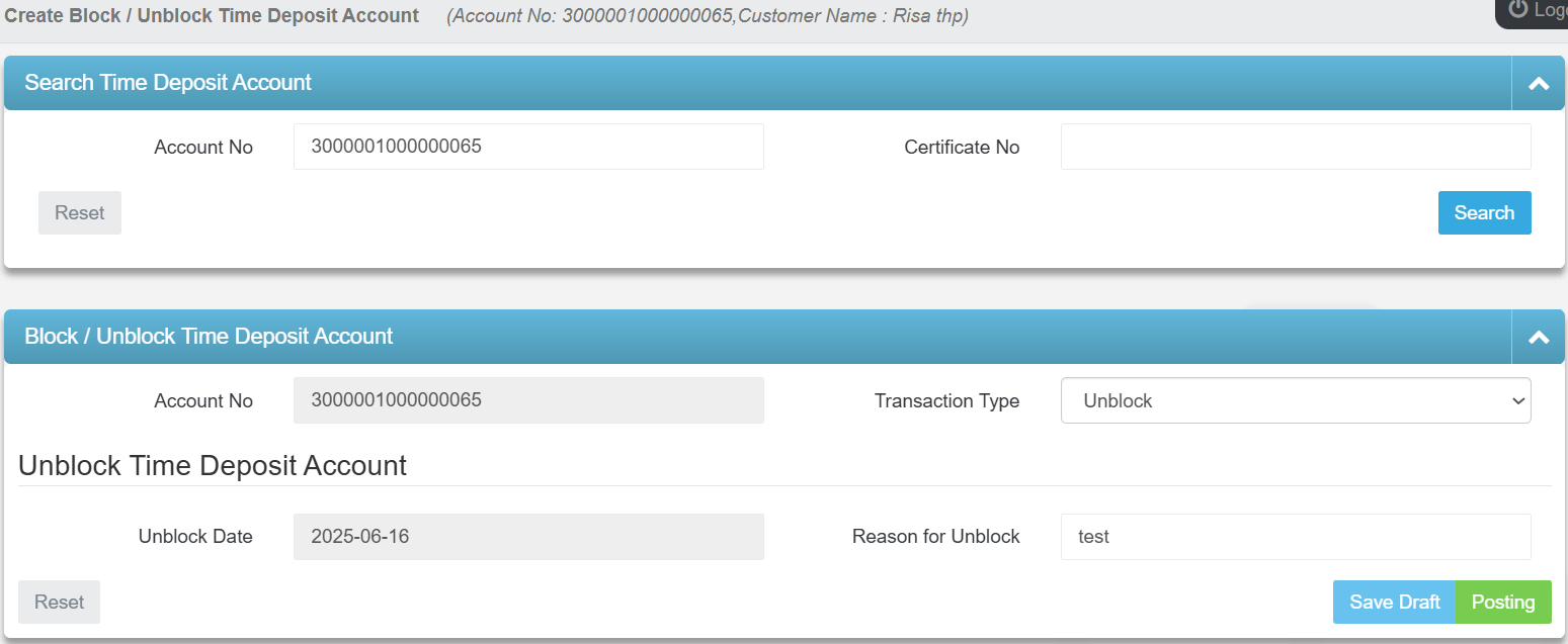 Block and Unblock Time Deposit Accounts